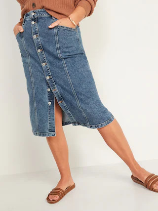 High-Waisted Button-Front Medium Acid-Wash Jean Midi Skirt for Women | Old Navy (US)