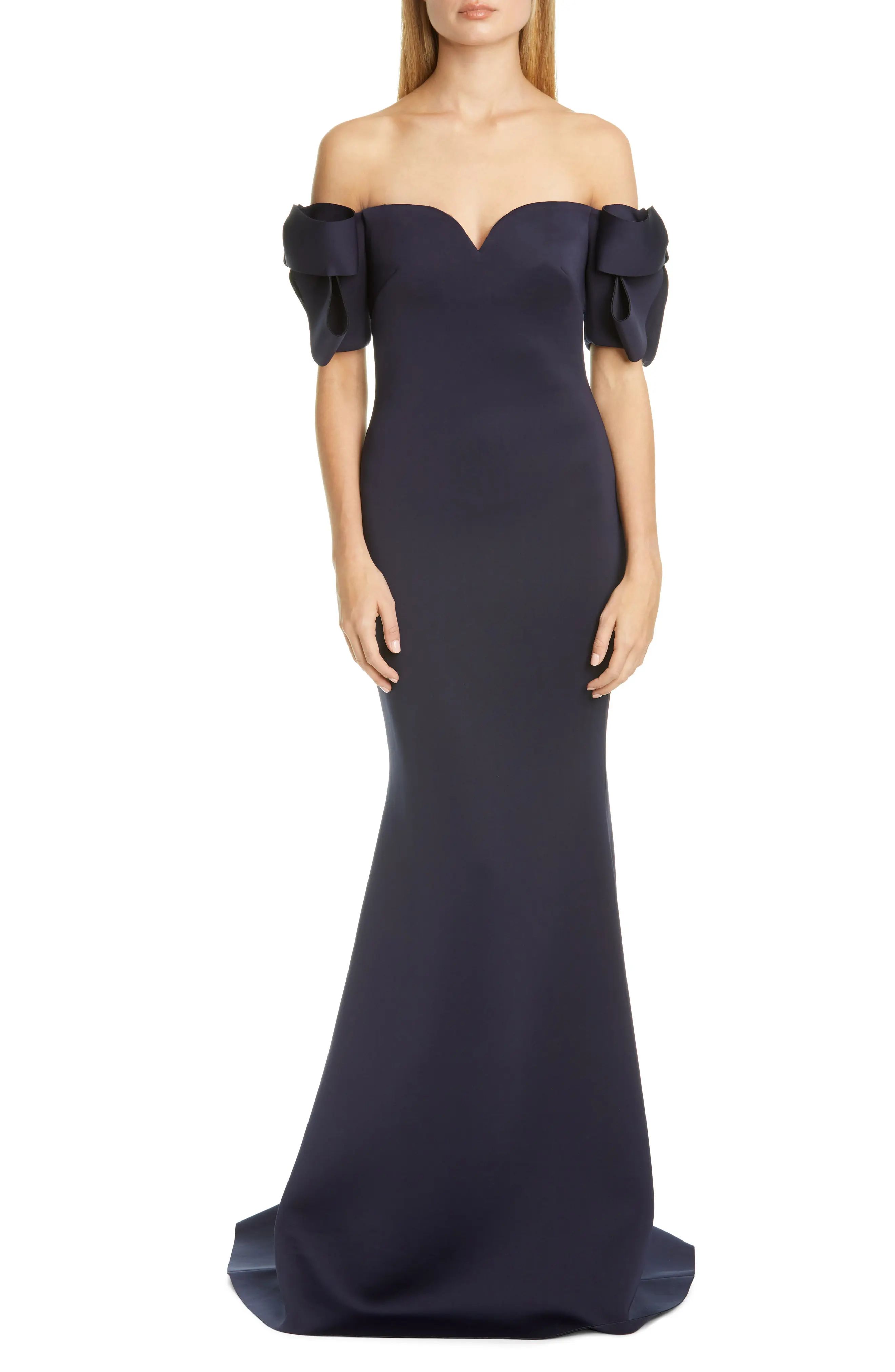 Badgley Mischka Collection Bow Sleeve Trumpet Gown, Size 14 in Navy at Nordstrom | Nordstrom