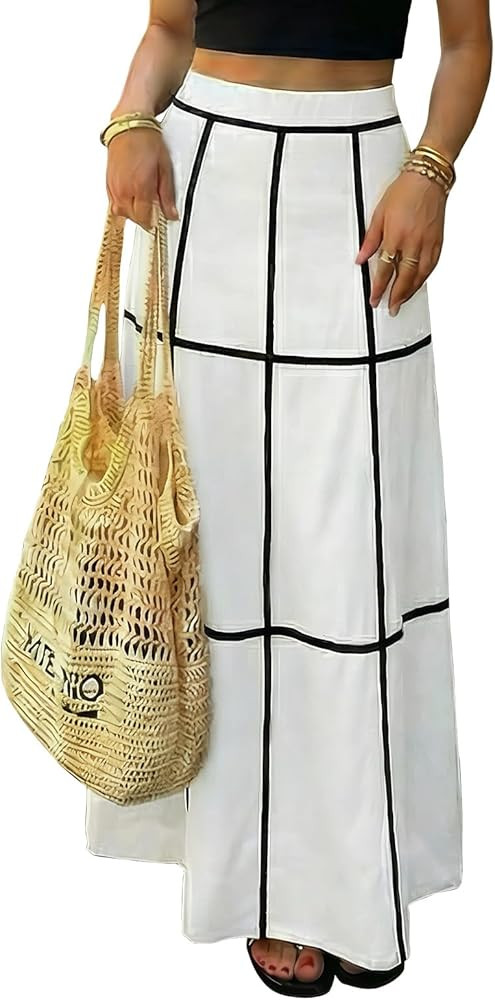 EXLURA Women's Faux Linen Boho Maxi Skirt Grid High Waist Long Flowy Skirts Summer Beach Vacation... | Amazon (US)