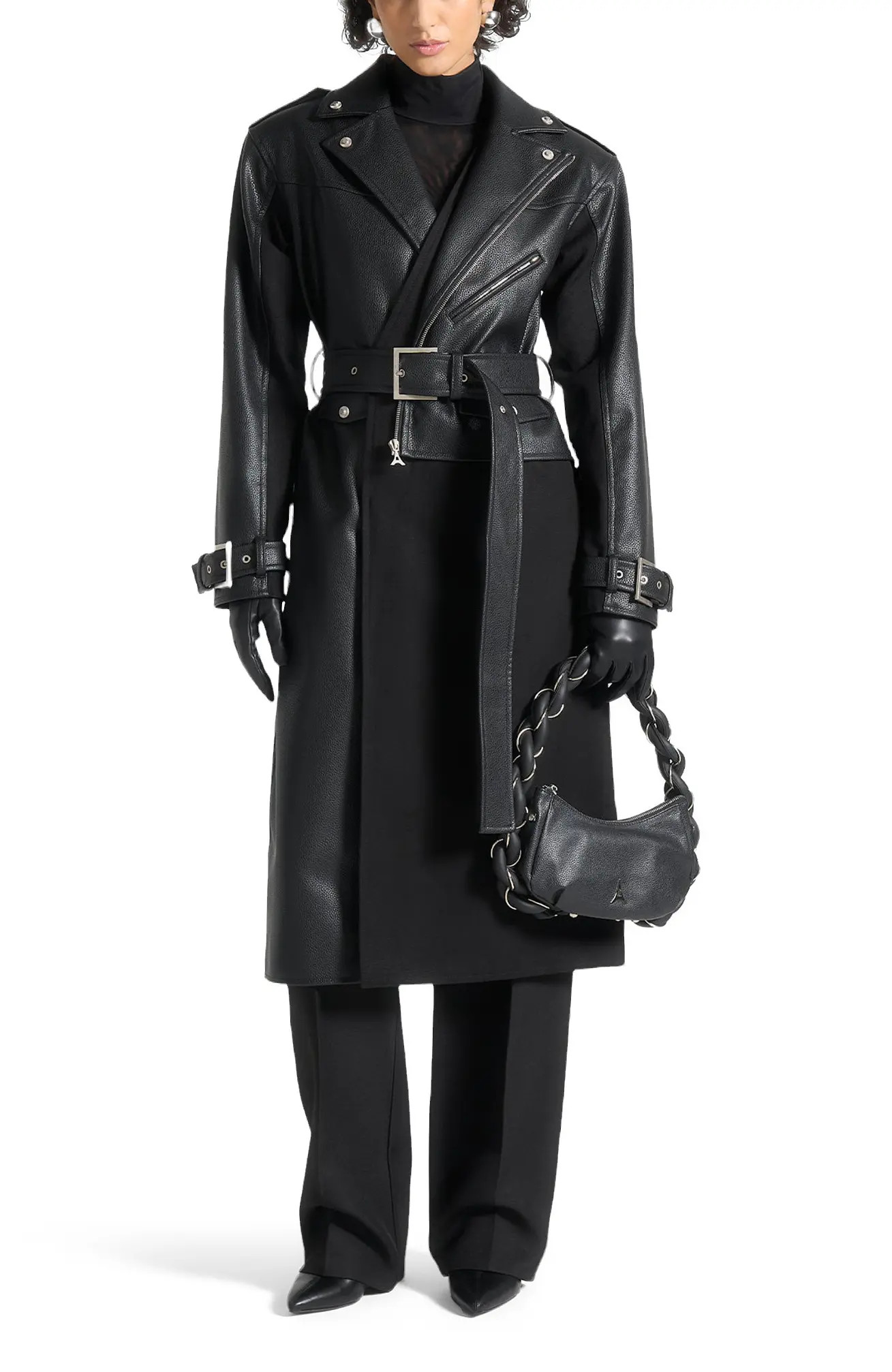 Manière De Voir Ayleen Leather Biker Trench Coat in Black at Nordstrom, Size 2 | Nordstrom