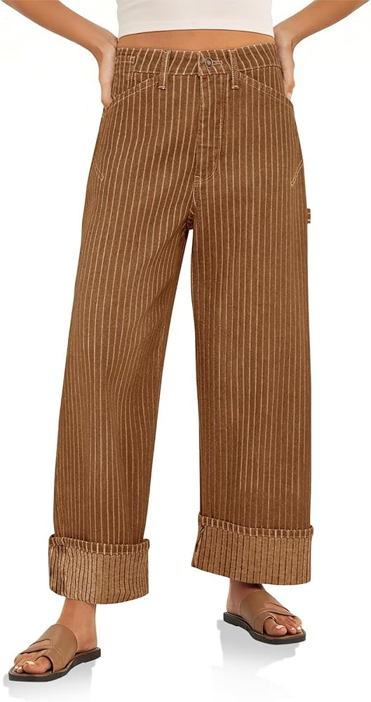 Cicy Bell Womens Striped Wide Leg Jeans Baggy Boyfriend High Waisted Cuffed Denim Pants with Pock... | Amazon (US)