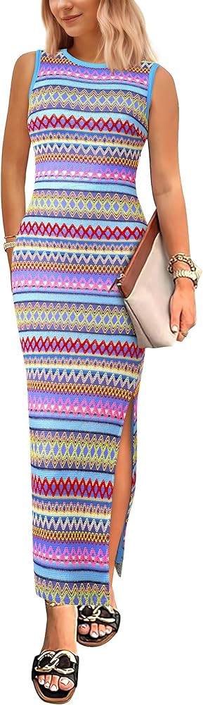 PRETTYGARDEN Womens Summer Sleeveless Tank Dress Crew Neck Striped Side Slit Bodycon Casual Maxi ... | Amazon (US)