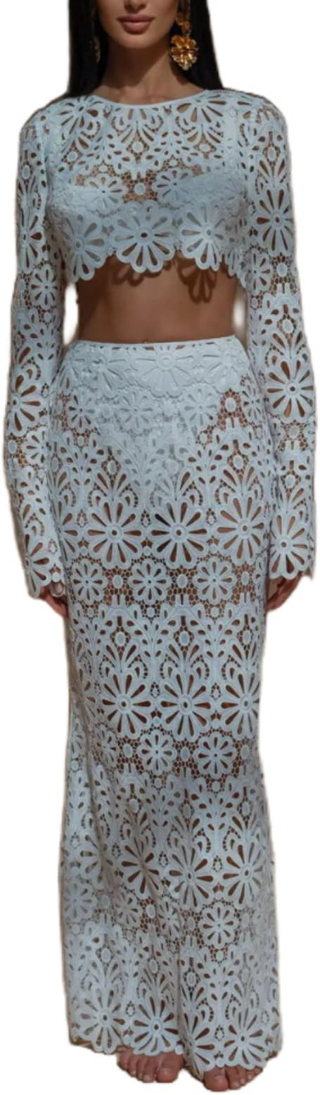 Womens Lace 2 Piece Outfits Long Sleeves Round Neck Hollow Out Top Maxi Skirt Vacation Sets | Amazon (US)