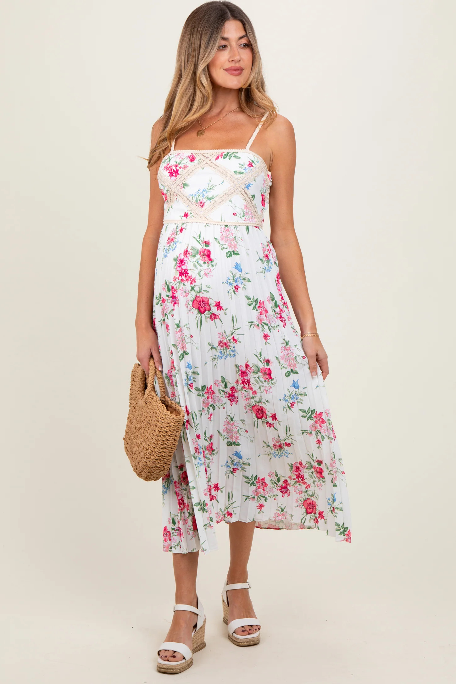 White Floral Pleated Crotchet Detail Maternity Midi Dress | PinkBlush Maternity