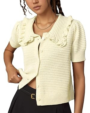 Watashi Womens Short Sleeve Cardigan Casual Button Down Ruffle Collared Lightweight Knittwear Sum... | Amazon (US)