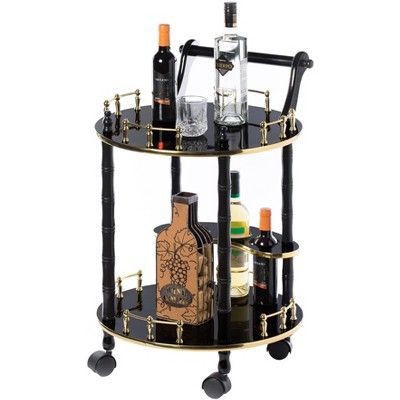 Fabulaxe Round Wood Serving Bar Cart Tea Trolley with 2 Tier Shelves and Rolling Wheels | Target