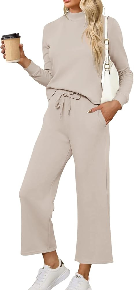 Tankaneo Womens 2 Piece Sets Mock Neck Long Sleeve Tops Wide Leg Pants Lounge Set Vacation Travel... | Amazon (US)