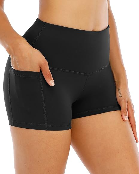 CHRLEISURE Spandex Yoga Shorts with Pockets for Women, High Waisted Workout Booty Shorts 3in | Amazon (US)