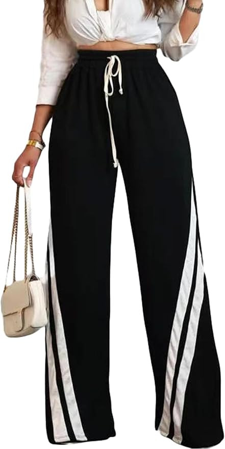 Wonen's Wide Leg Sweatpants Women Striped Drawstring Hight Waisted Baggy Jogger Track Trousers | Amazon (US)
