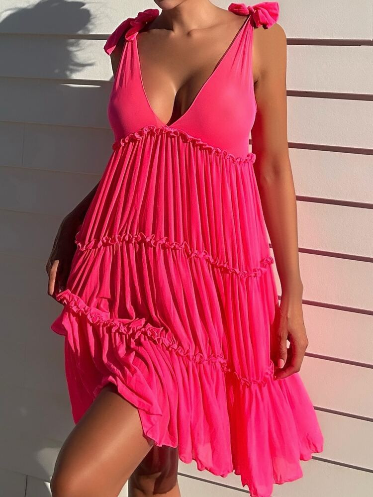 Bow Shoulder Frill Trim Ruffle Hem Dress | SHEIN