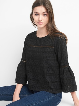 Gap Womens Eyelet Bell-Sleeve Top True Black Size L | Gap US