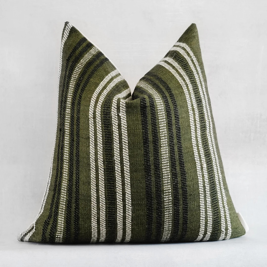 Olive Green Pillow Cover Vintage Indian Wool Pillow Cover White Brown Striped Pillow Green Decora... | Etsy (US)