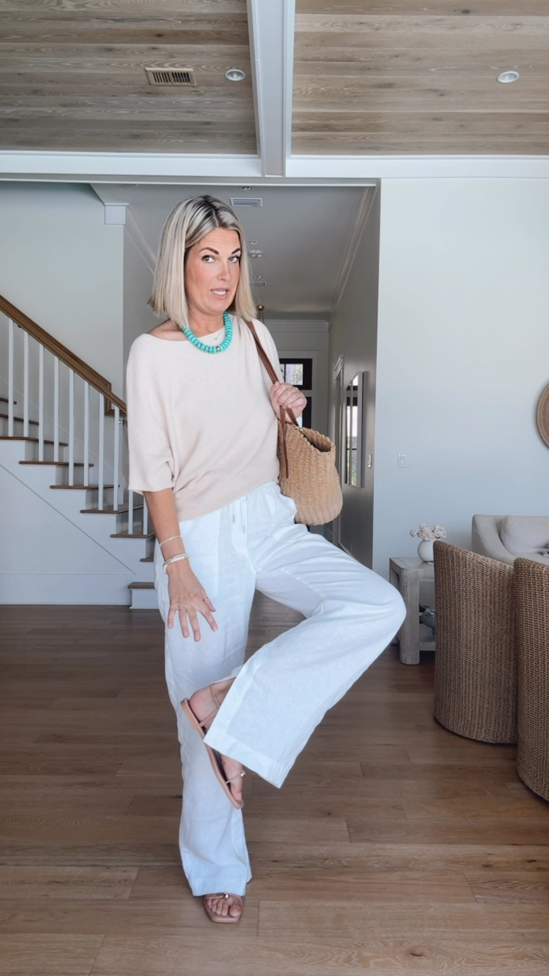 Beaded necklaces layered with metal necklaces are everywhere this summer!  These are so affordable. I am 5’11” wearing small in the top and Xs tall in the linen pants. Sandals true to size.

#LTKootd #LTKSaleAlert #LTKOver40