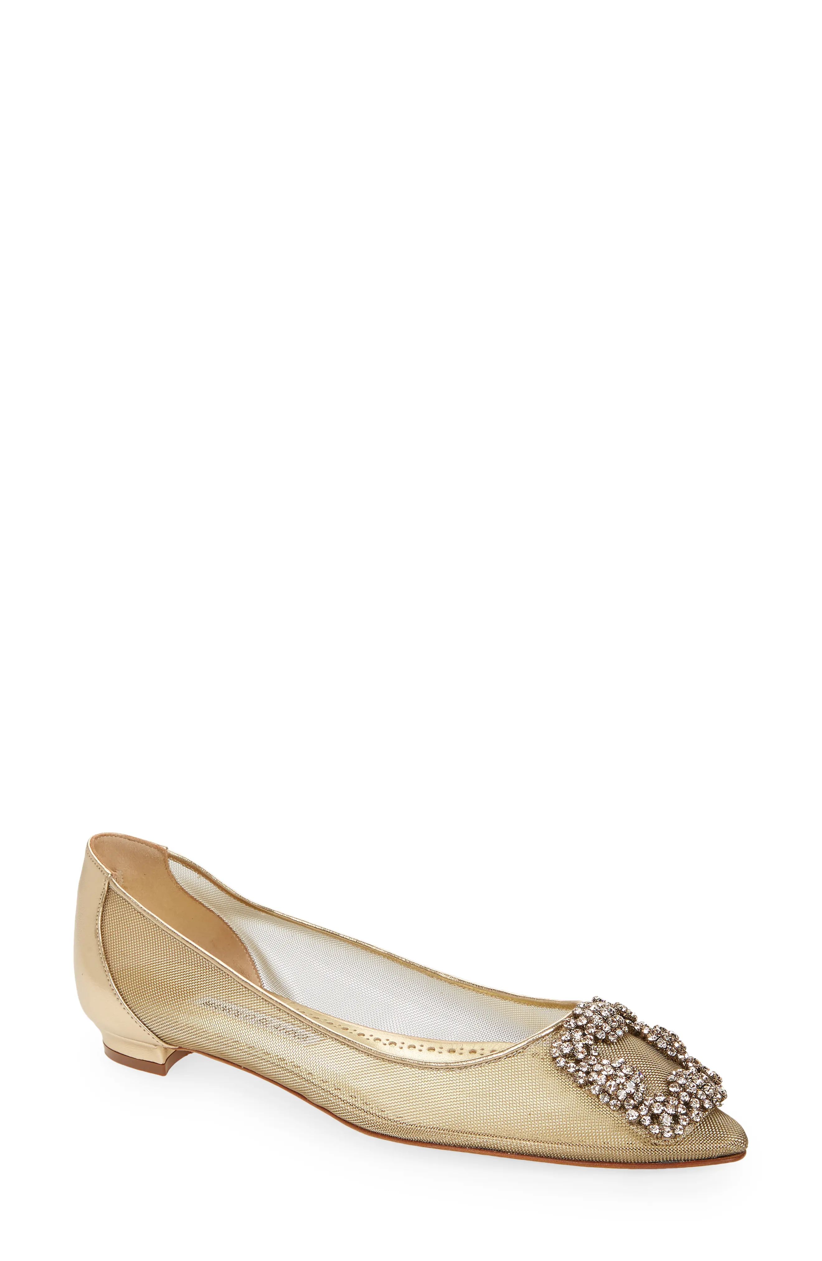 Manolo Blahnik Hangisi Crystal Buckle Mesh Flat in Gold at Nordstrom, Size 7Us | Nordstrom