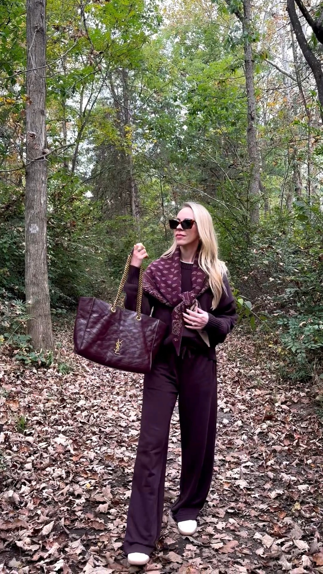 Casual fall outfit, fall travel look, burgundy outfit, @Guest In Residence bandana scarf, burgundy wide leg joggers