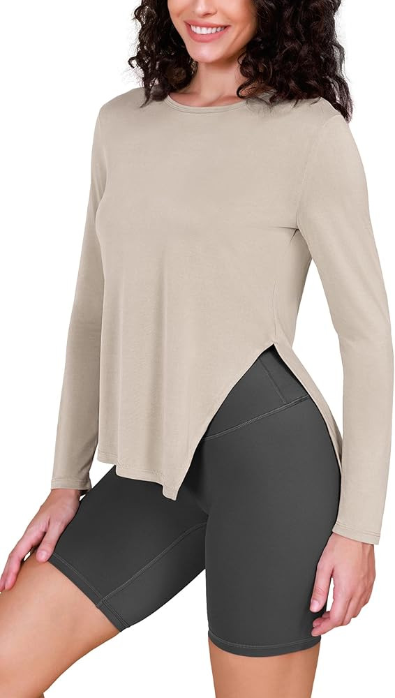 ODODOS Split Hem Long Sleeve Tee for Women Modal Soft Crew Neck Athletic Gym Workout Tops Yoga Sh... | Amazon (US)