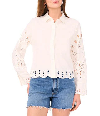 Woven Point Collar Long Sleeve Embroidered Blouse | Dillard's