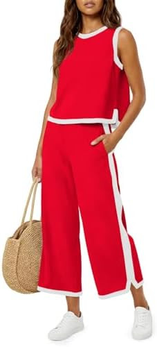 Fisoew Womens 2 Piece Outfits Summer Sleeveless Wide Leg Capris Tracksuits Casual Cotrast Colors ... | Amazon (US)