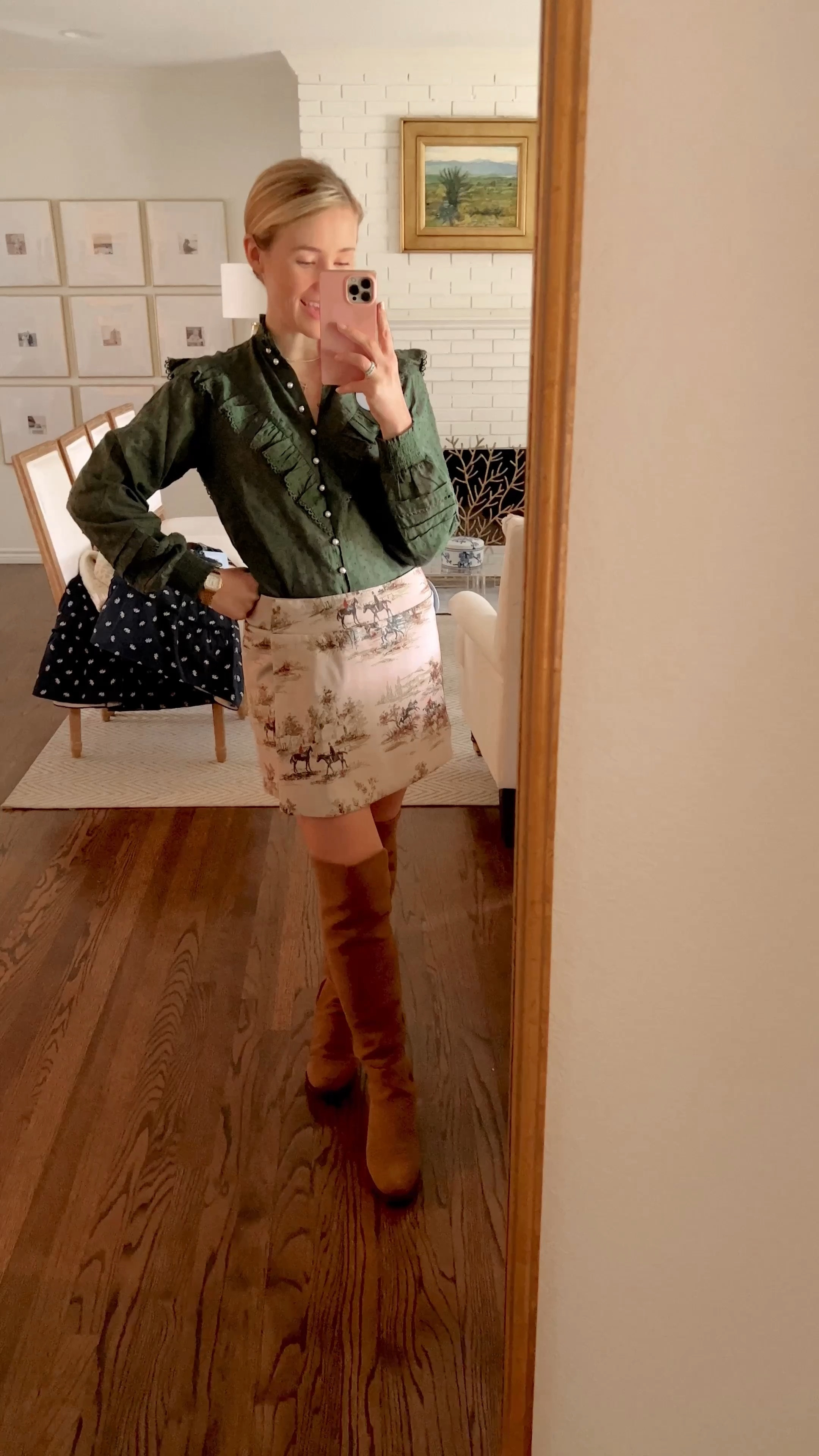 Hill house fall try on 🍂🍃

SIZING:

Top // XS, fits true to size
Skirt // XS, my usual size, fits slightly loose but not enough to size down
Boots // order your usual boot size, I always go half a size up to allow room for thick socks 