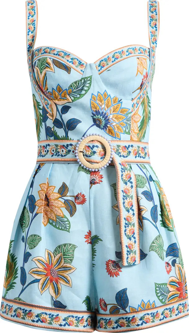 Floral Border Print Linen Blend Romper | Nordstrom