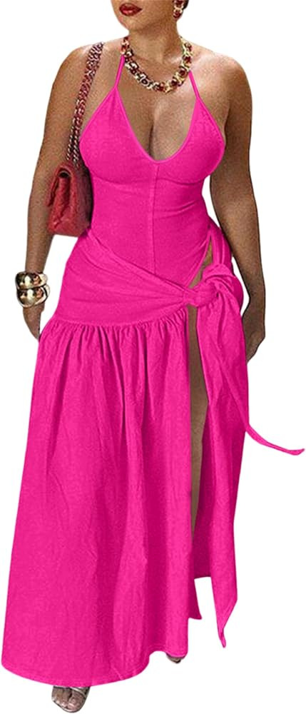 Womens Summer 2 Piece Maxi Skirt Sets Sexy Halter V Neck Backless Thong Bodysuits Wrap Beach Cove... | Amazon (US)