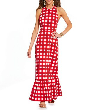 x Stephanie Covington Nicole Poplin Printed Gingham Crew Neck Open Back A-Line Maxi Dress | Dillard's