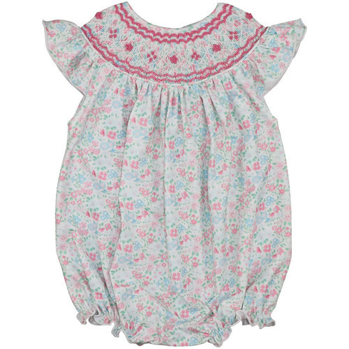 Pink Smocked Knit Floral Bubble | Cecil and Lou