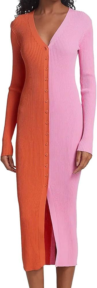 Women's Two-Tone Knit Midi Sweater Dress Long Sleeve Button Slim Cardigan Dresses | Amazon (US)