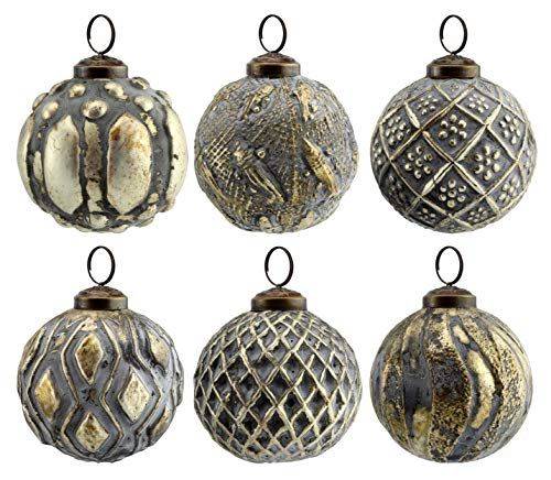 AuldHome Farmhouse Ball Ornaments (Set of 6, Silver Gray); Distressed Metal Glass Ball Vintage Style | Amazon (US)