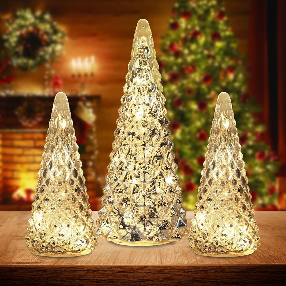 Christmas Decorations Indoor, YEAHOME Set of 3 Pre-lit Gold Glass Christmas Tree for Home Decor, ... | Amazon (US)