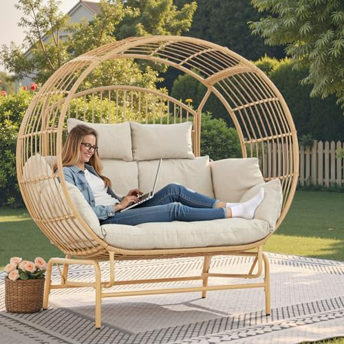 Oversized 2-Person Egg Chair Glider Rocking Chair, Heavy-Duty Wicker Rattan Outdoor Loveseat w/Th... | Amazon (US)