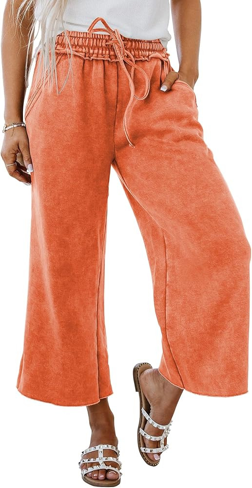 miduo Womens Elastic High Waist Drawstring Wide Leg Cropped Mineral Wash Lounge Pants with Side P... | Amazon (US)