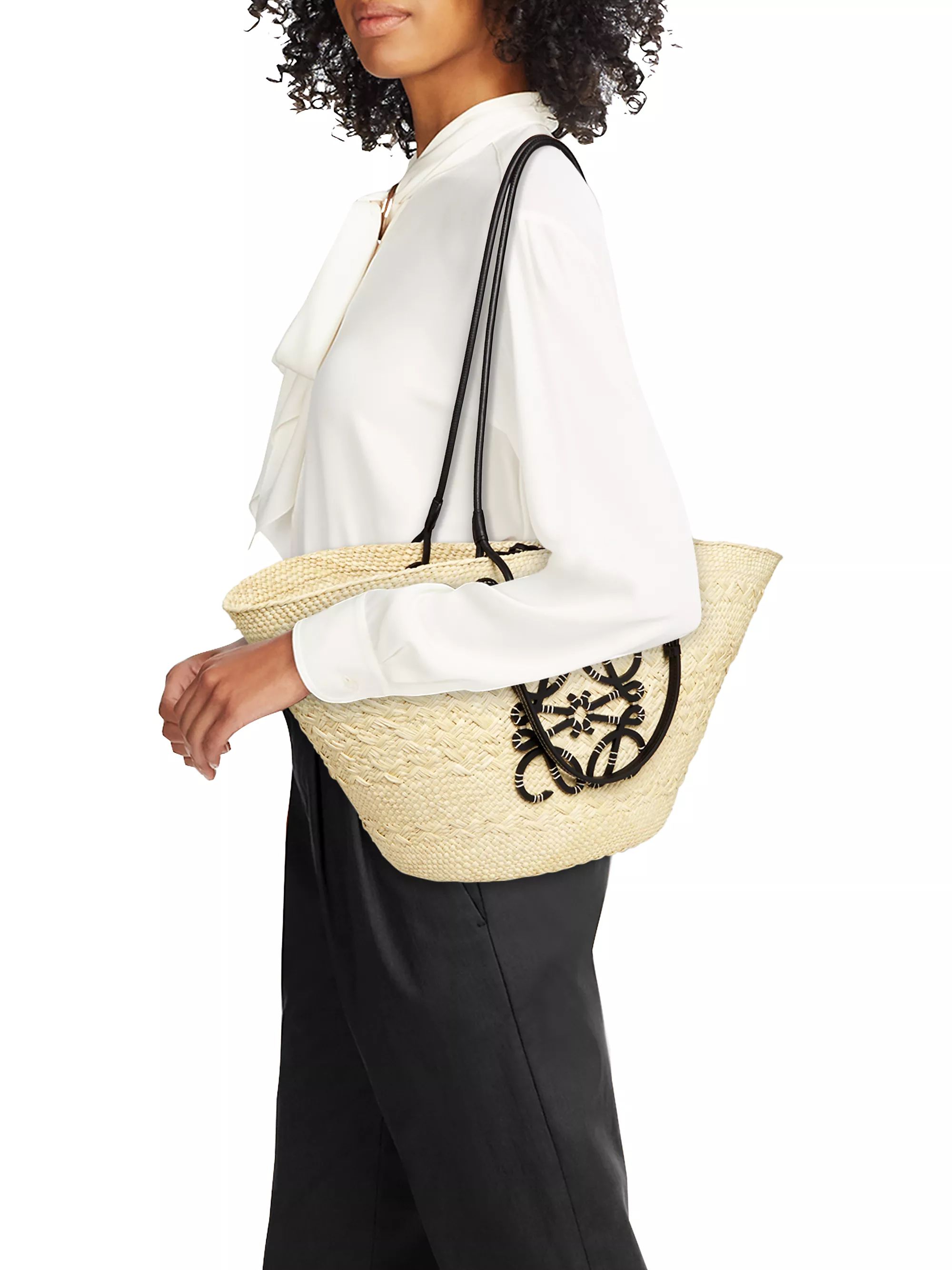 Paula's Ibiza Anagram Leather-Trimmed Iraca Basket Bag | Saks Fifth Avenue