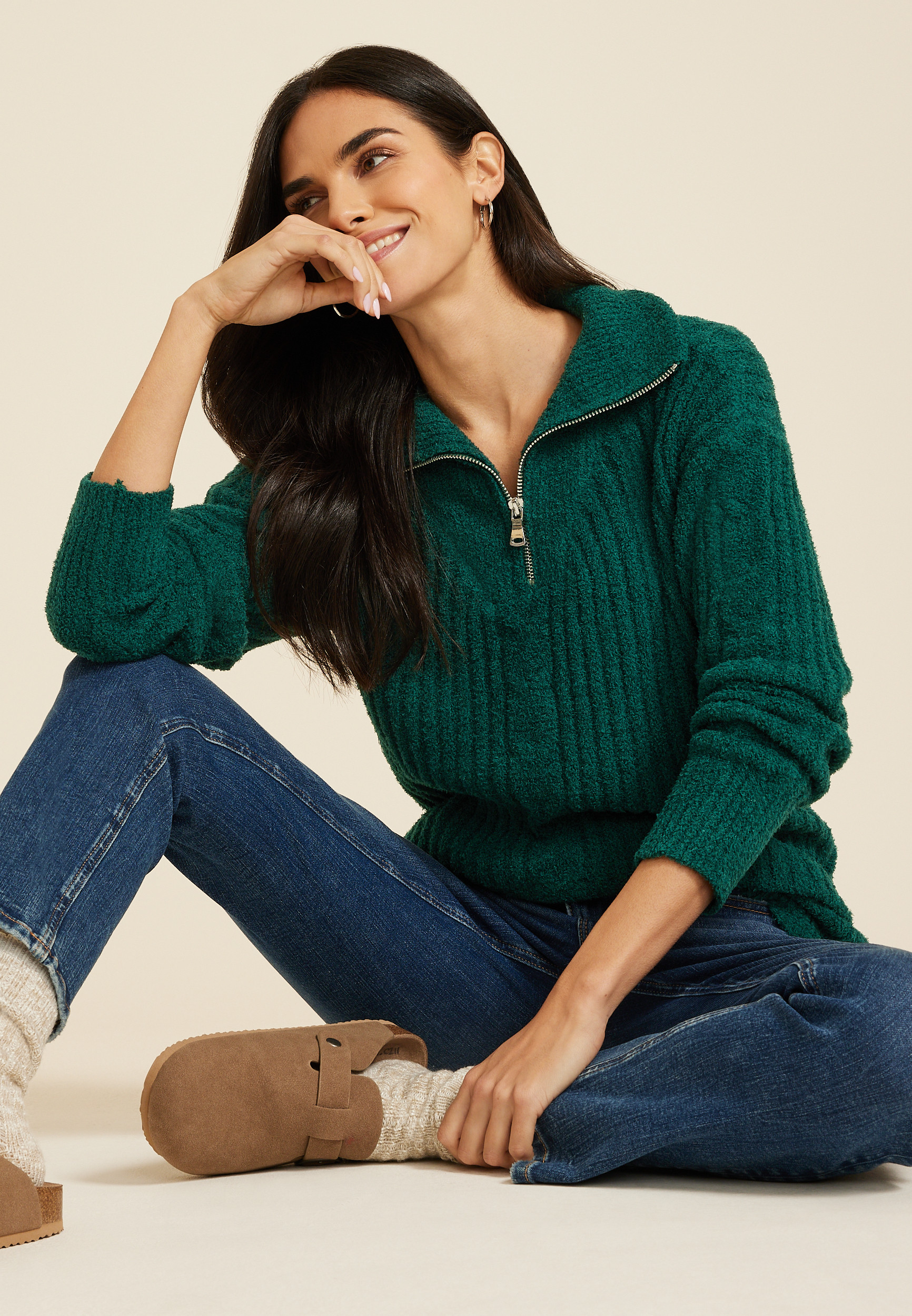 Maurices Women's Teddy Quarter Zip Pullover Sweater Green Size X Small | Maurices