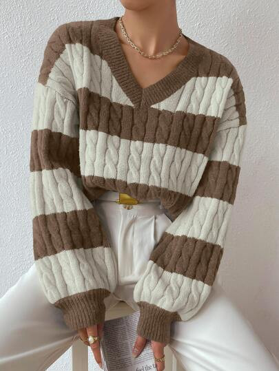 Two Tone Cable Knit Drop Shoulder Jumper | SHEIN