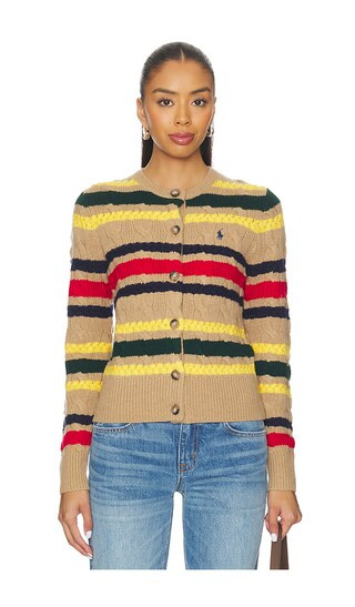 Striped Cable Wool Cashmere Cardigan in Collection Camel Melange Multi | Revolve Clothing (Global)