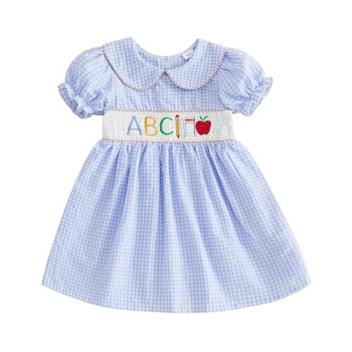 Toddler Baby Girl First Day of The School Dress Smocked Apple Pencil Embroidery Plaid Dresses Kindergarten Clothes(Light Blue, 5-6 Years) | Amazon (US)