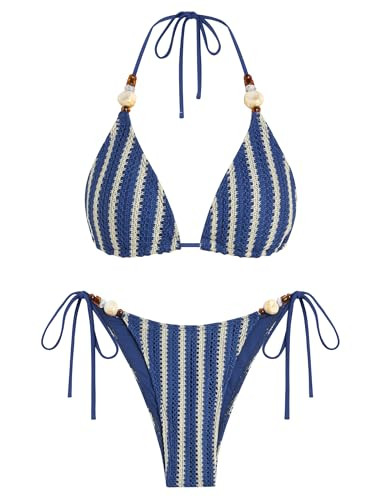 ZAFUL Women's Bikini Sets Beads Triangle Swimsuits 2 Piece String High Cut Cheeky Bathing Suits | Amazon (US)