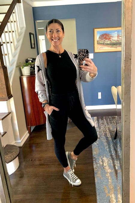Casual Target OOTD. Target racerback tank. Target fitted tie waist joggers. I added an Amazon cardigan and grey Converse  

#LTKstyletip #LTKunder50