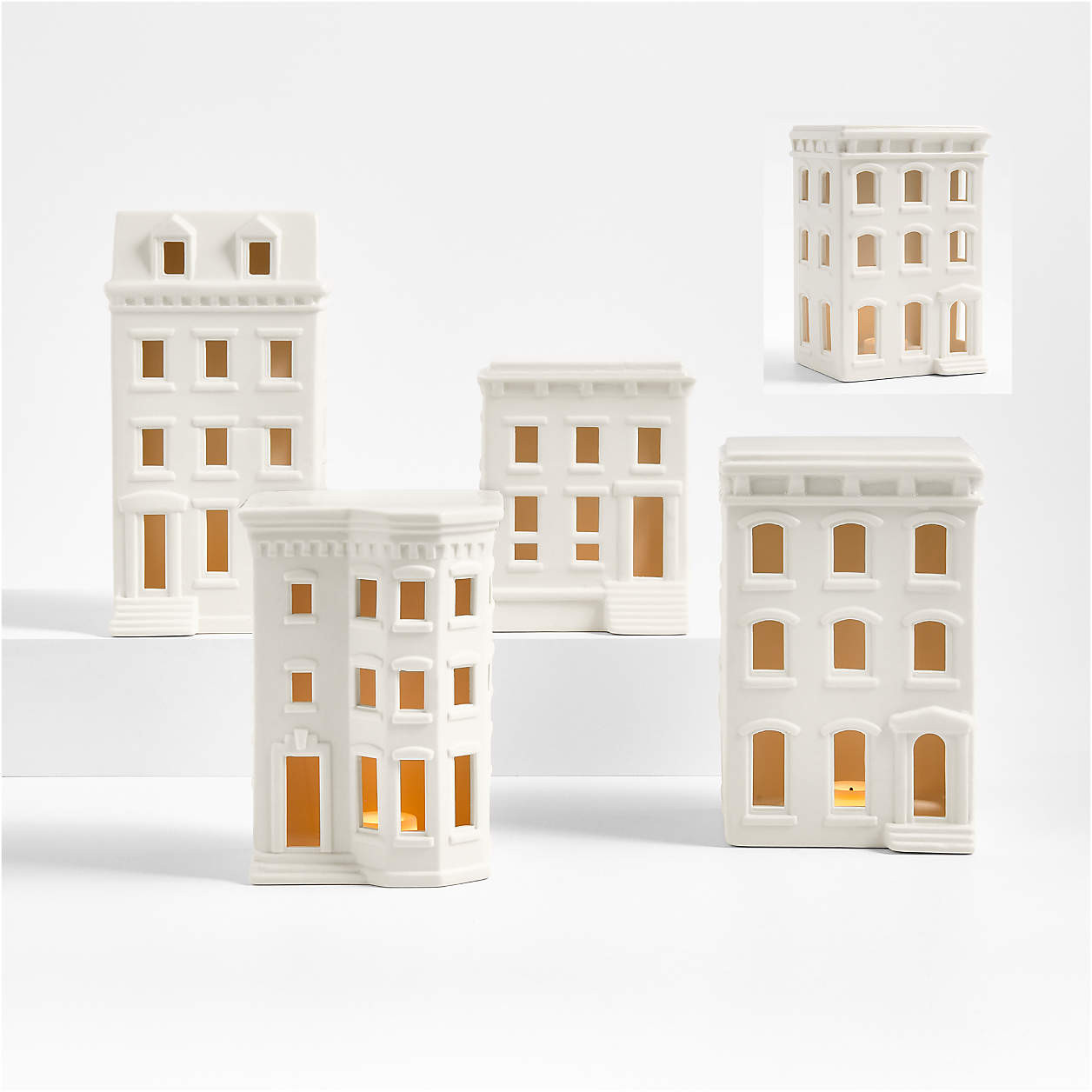 White Ceramic Holiday Brownstone, Set of 4 | Crate & Barrel | Crate & Barrel