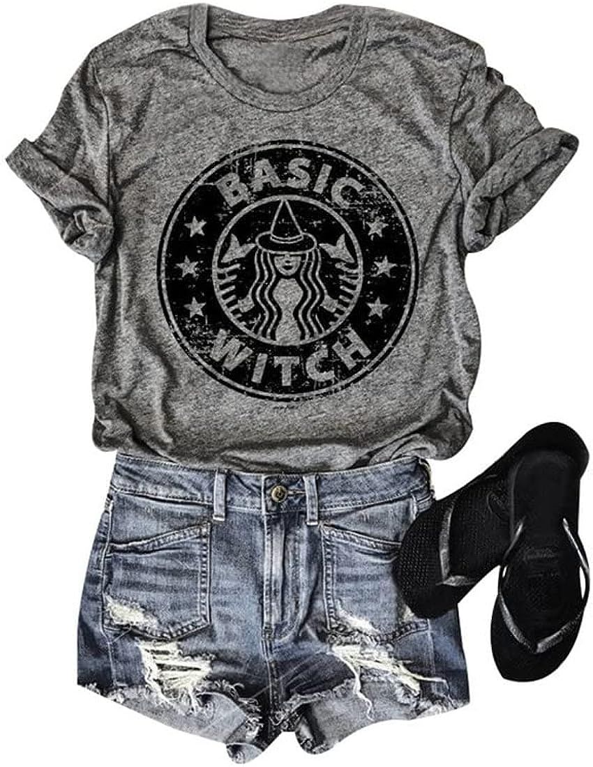 OUNAR Basic Witch Coffee T Shirts for Women Coffee Letters Print Shirt with Funny Sayings Casual ... | Amazon (US)