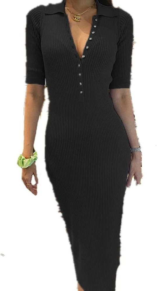 Women Short Sleeve Lapel Button Wrap Cover Up Skirt Knit Vintage Dress Elegant Midi Evening Dress | Amazon (US)