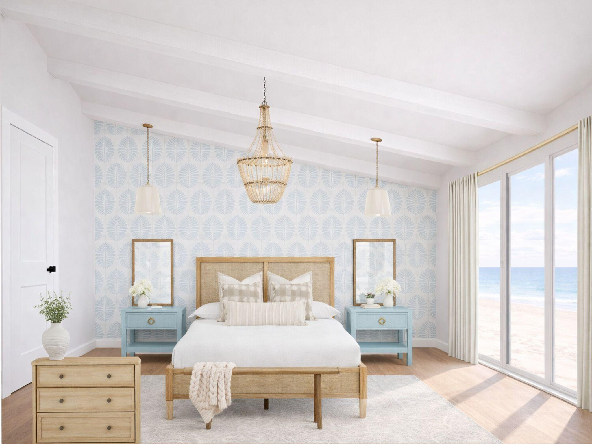 This one feels like the perfect coastal retreat 🌊🤍

Light woods, soft blues, and that subtle patterned wallpaper give it such an airy, relaxed feel. The woven textures and layered neutrals keep it warm, while the pops of blue add that fresh, beachy touch ✨ 

 #LTKHome #LTKSaleAlert