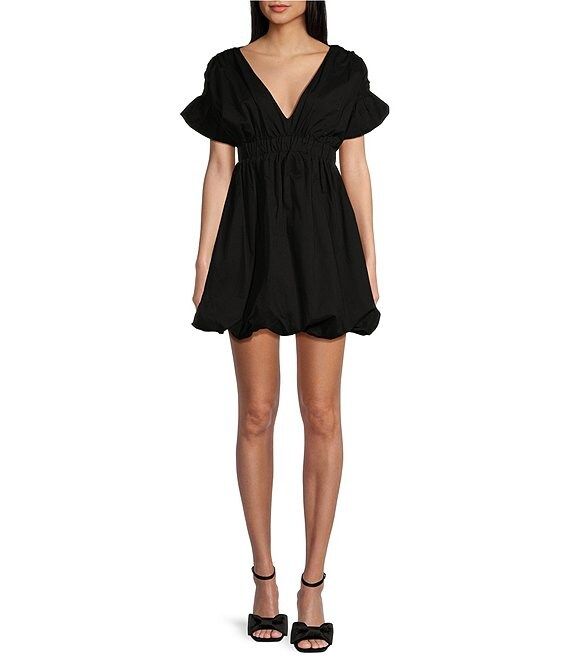 Deep V-Neck Ruffle Sleeved Fit & Flare Bubble Hem Dress | Dillard's