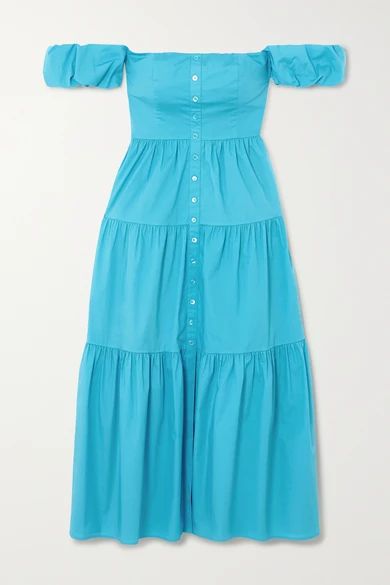 STAUD - Elio Off-the-shoulder Tiered Stretch-cotton Poplin Midi Dress - Bright blue | NET-A-PORTER (US)
