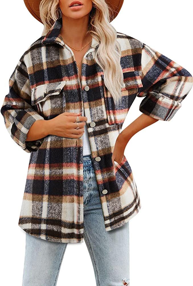 Womens Brushed Plaid Shirts Shacket Long Sleeve Flannel Lapel Button Pocketed Casual Jacket Coats... | Amazon (US)