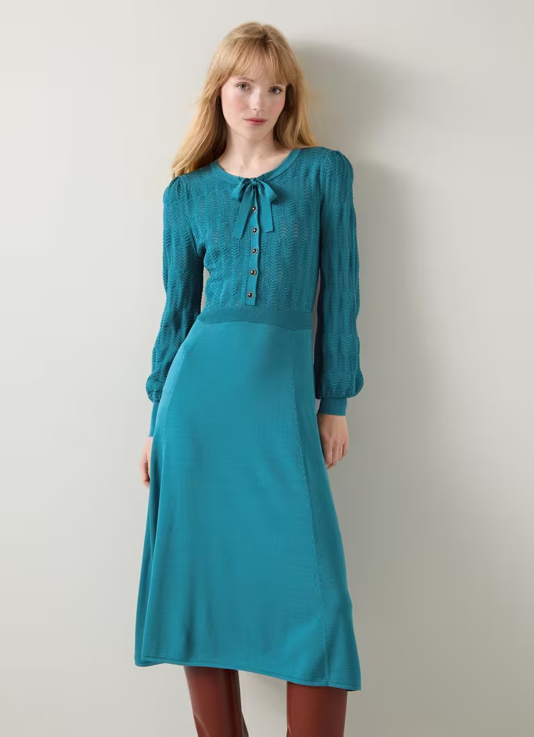 Susannah  Dark Teal Tie Neck Pointelle Fit And Flare Dress | L.K. Bennett (UK)