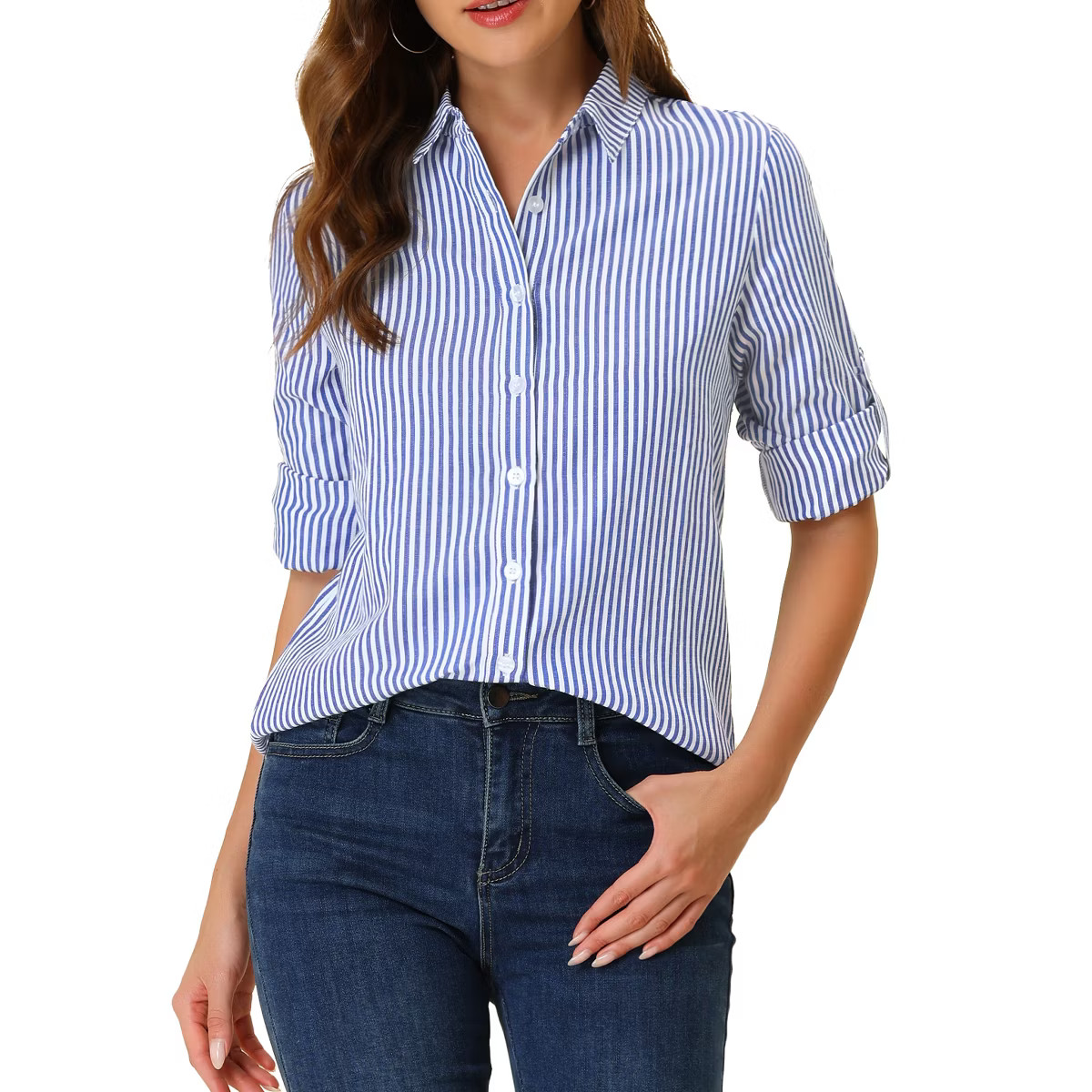 Allegra K Women's Striped Button Down Roll-up Long Sleeves Point Collar Shirt | Target