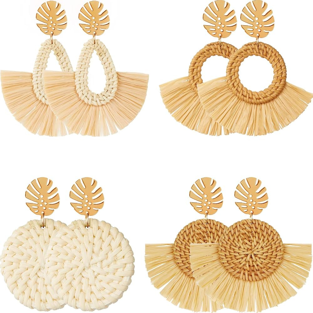 4 Pairs Rattan Earrings Big Lightweight Geometric Statement Tassel Woven Bohemian Earrings Handma... | Amazon (US)