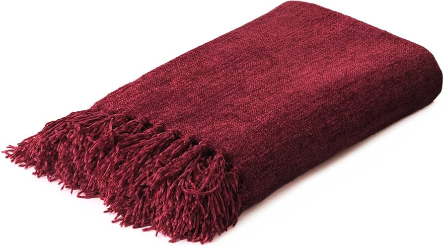 Burgundy Red Chenille Throw Blanket for Couch Bed，Soft Cozy Throw Blanket with Handmade Fringe,... | Amazon (US)